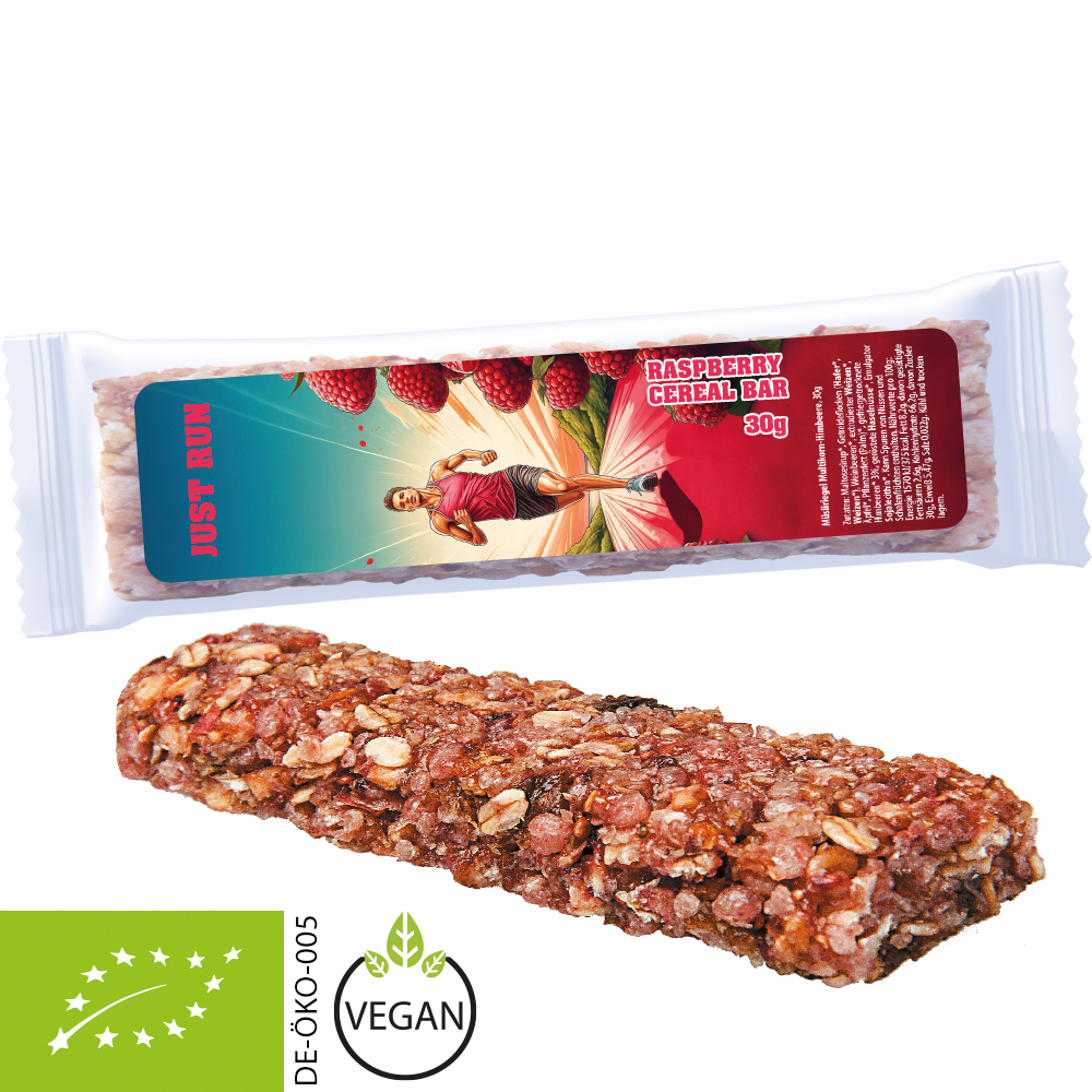 Bio Müsliriegel Multikorn-Himbeere, 30g, Express Flowpack mit Etikett