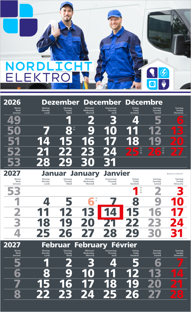 3-Monatskalender Einblatt Solid 3 Schrift klassisch