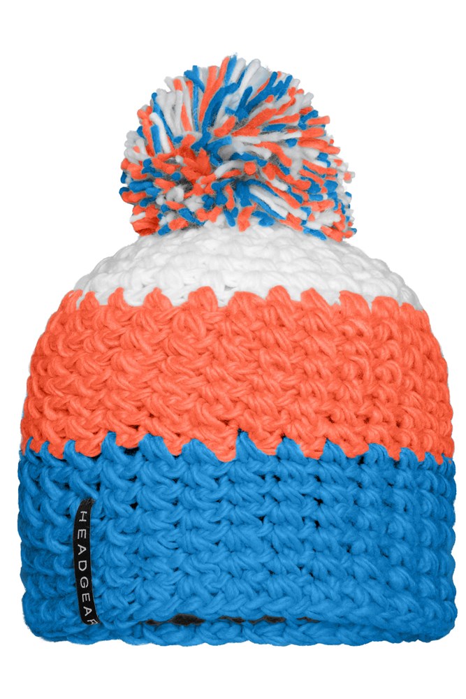 Crocheted Cap with Pompon - Pacific/neon-orange/white (ca. Pantone 801C
811C
whiteC)