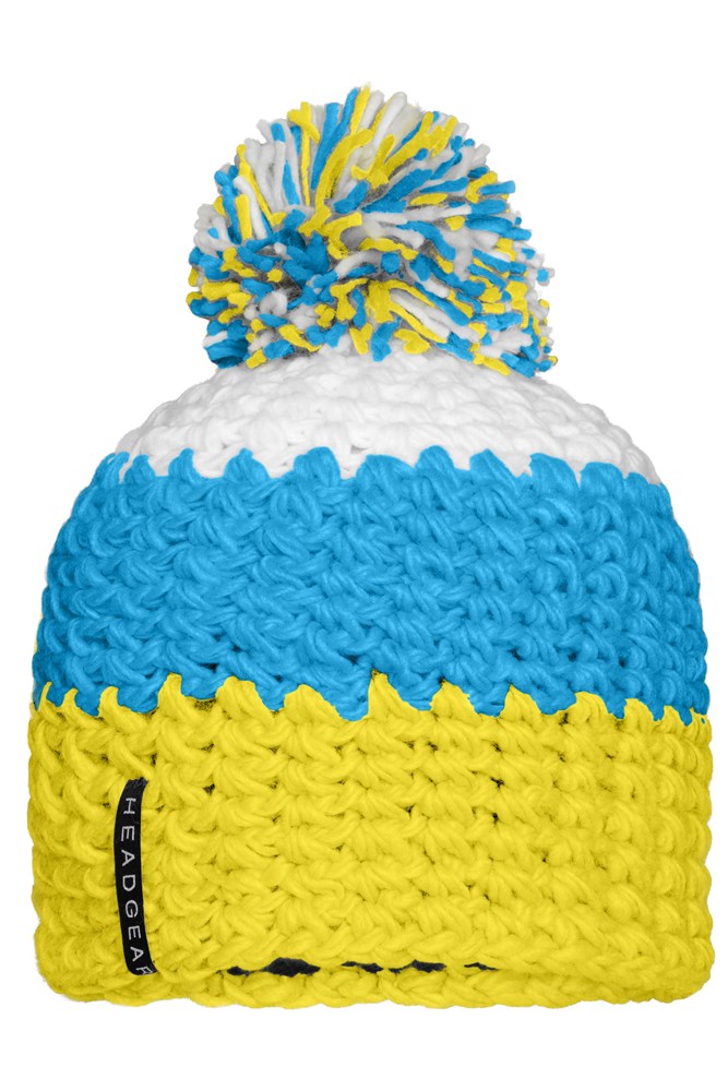 Crocheted Cap with Pompon - Yellow/pacific/white (ca. Pantone 101C
801C
whiteC)