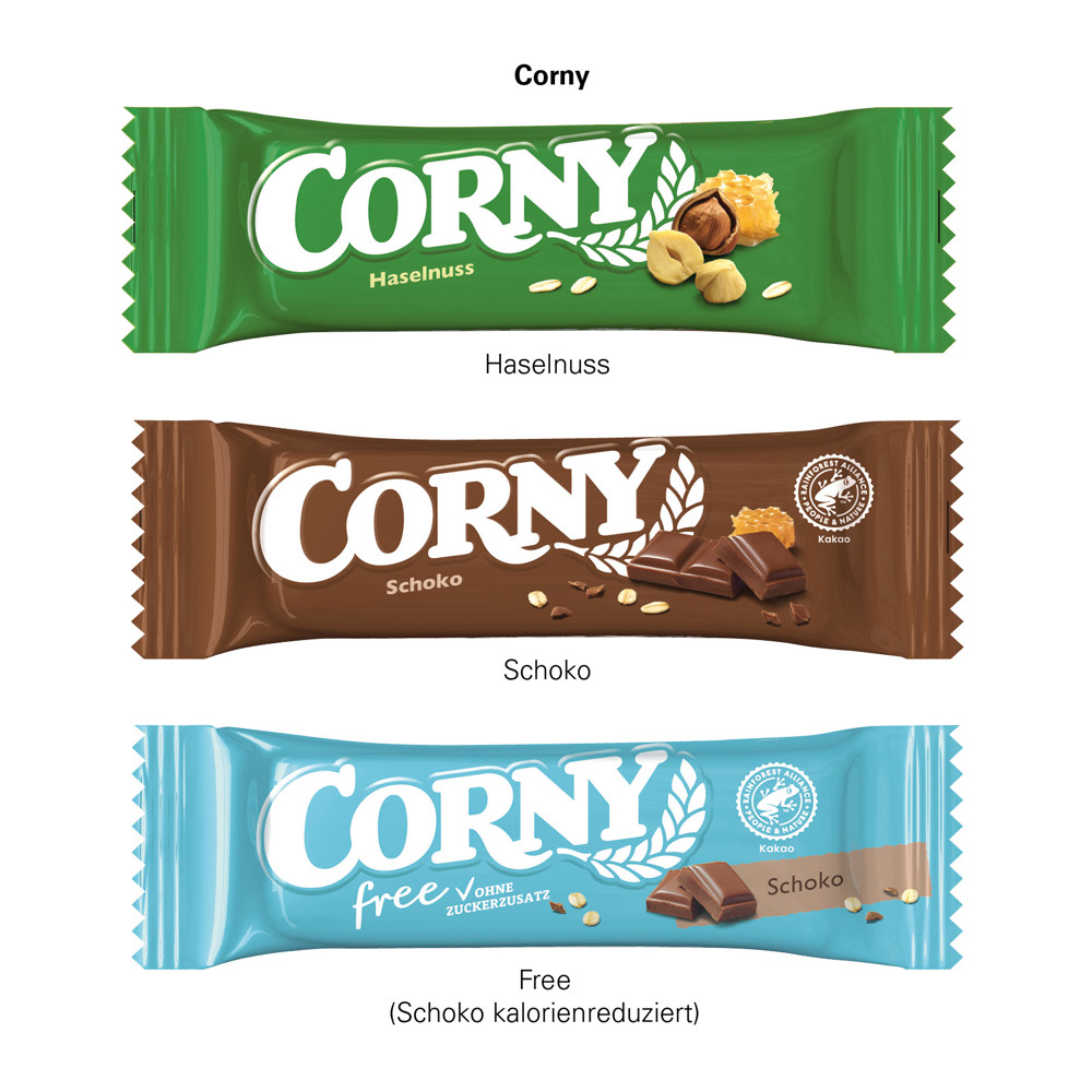 Corny Müsliriegel in Werbeschuber, Nussig