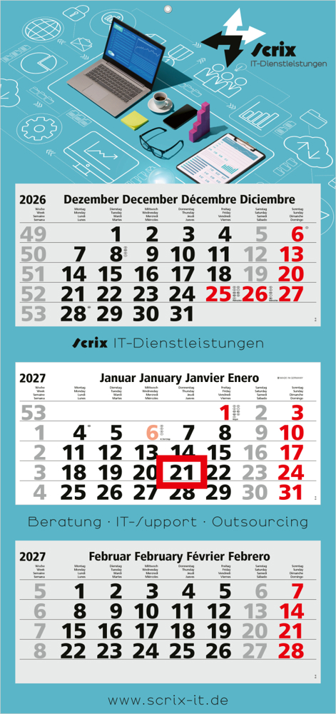 3-Monatskalender Mehrblock Maxi Light 3 EXPRESS Werbung auf Rückwand